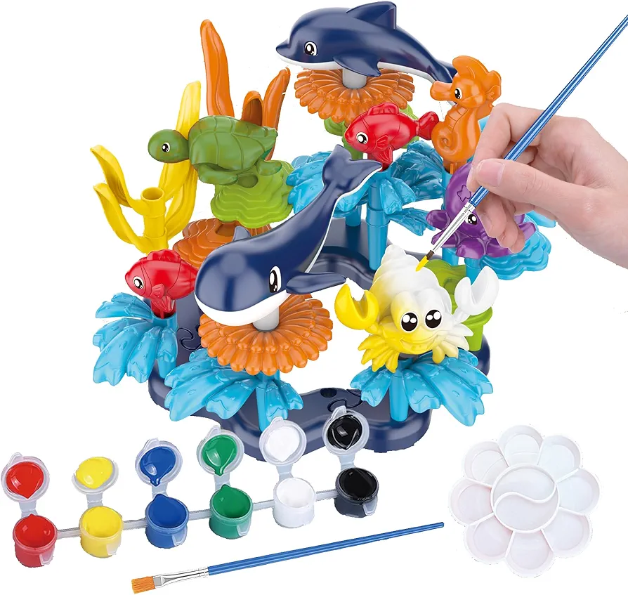 KC Republic Ocean Reef Sea Creatures 37pcs Water Washable Painting & Building Toy Set, Children's Activity Art Kit, Paint Your Own Buildable Ocean Reef Toy with Seahorse, Fish, Dolphin, Shark, Crab