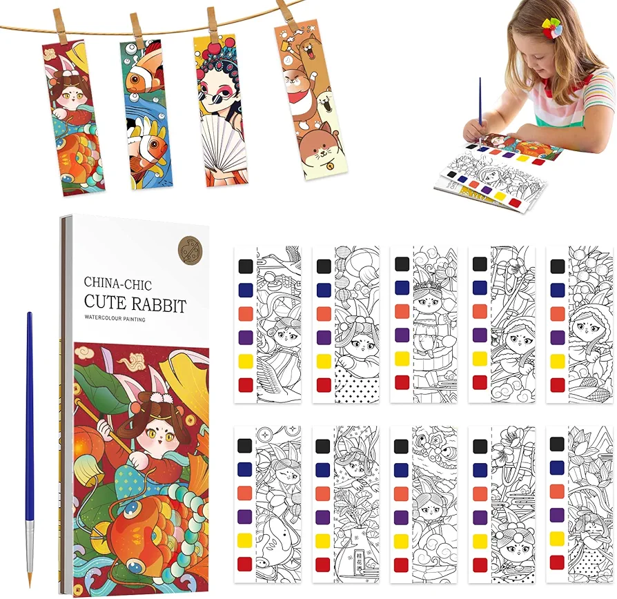 Pocket Watercolor Painting Book, Watercolor Paint Set, Travel Water Coloring Book Improve Child's Creativity and Concentration, Handmade Bookmark Mini Art Kit Gift (CHIC Rabbit)