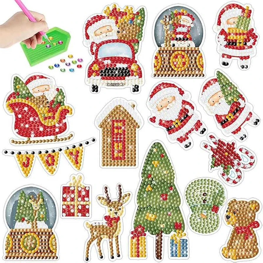 MEGZIHXN Cute Diamond Art Stickers Kits for Kids, Xmas Party Christmas Decoration Elk Christmas Tree Sleigh Snowman Bear Diamond Craft Arts Set - Best Gifts for Children Or Adult Beginners