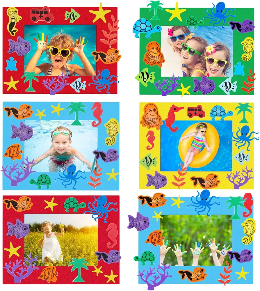 Summer Foam Picture Frame Craft Kits for Kids DIY Paper Picture Frame Craft Art Craft with Foam Stickers Home Classroom Activities Summer Party Favor Decoration(Sea Animals,178 Pieces)