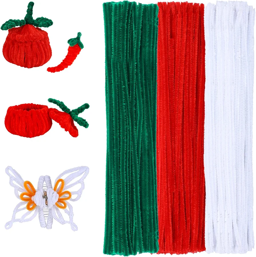 kdafio 120 Pieces Pipe Chenille Stems, Christmas Solid Color Pipe Cleaners Set Pipe Cleaners Chenille Stem Cleaners Pipe Cleaners for DIY Arts Crafts Decorations (Red+Green+White)