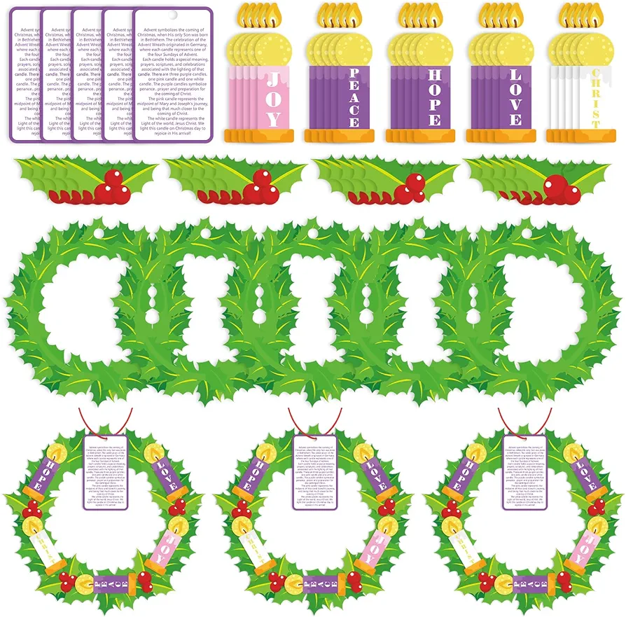 Poen 24 Set Christmas Advent Wreath Craft Kit for Kid Nativity of Christ DIY Craft Art Hanging Decor Advent Wreath Candle with Joy Christ Peace Hope Love for Sunday School Classroom Christmas Activity