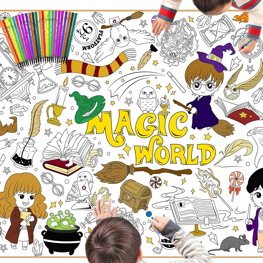 HOWAF Giant Magical Wizard Party Coloring Poster with 24 (12 Colors) Paint Pens, Jumbo Paper Halloween Magical Coloring Banner Indoor Arts and Crafts Activity,Coloring Table Cover Banner for Halloween Wizard Birthday Party Supplies