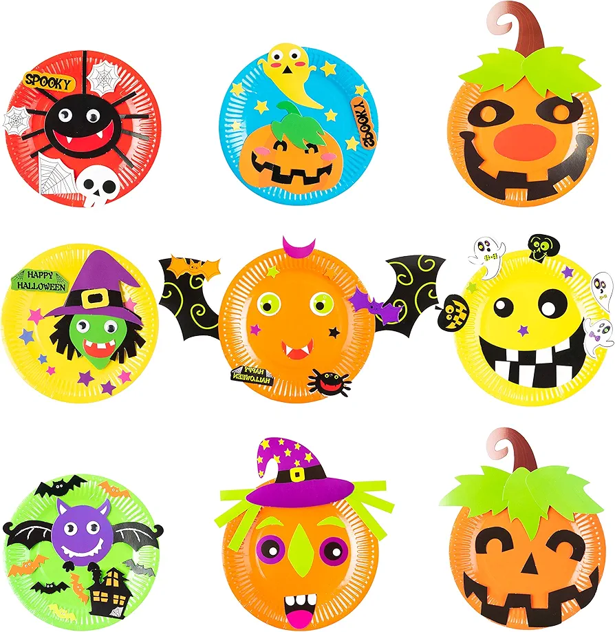 MALLMALL6 9Pcs Halloween Paper Plate Art Kits for Kids DIY Craft Sticker Card Games Activity Handmade 3D Pumpkin with Body Paper Crafts Project Classroom Supplies for Preschool Toddler Boys Girls