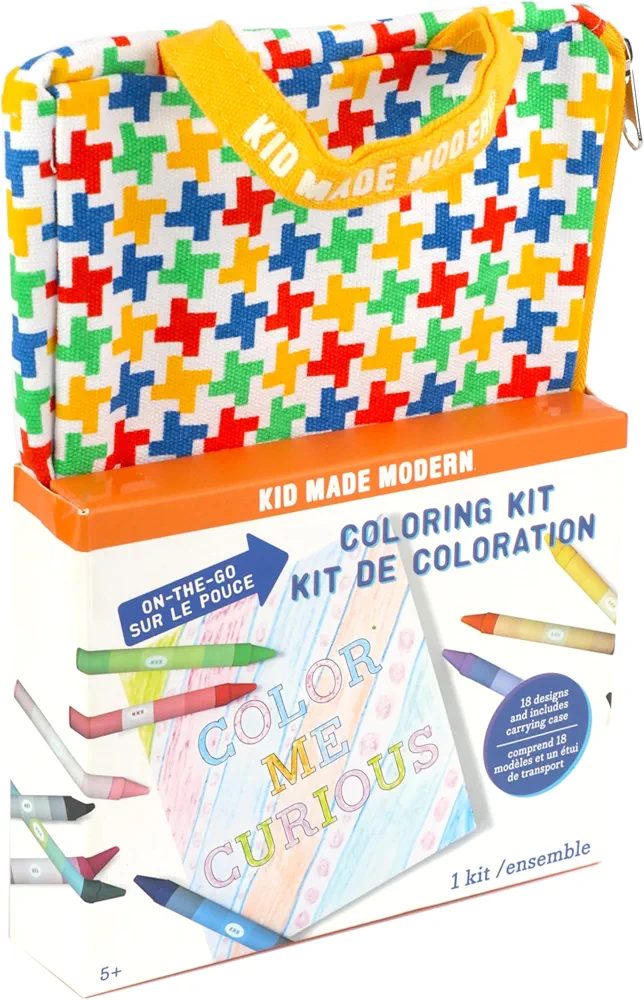 Kid Made Modern On the Go Coloring Set & Travel Art Supplies Kit with Coloring Book & Crayons for Kids Ages 5+ | 12 Crayons Color Box for Drawing