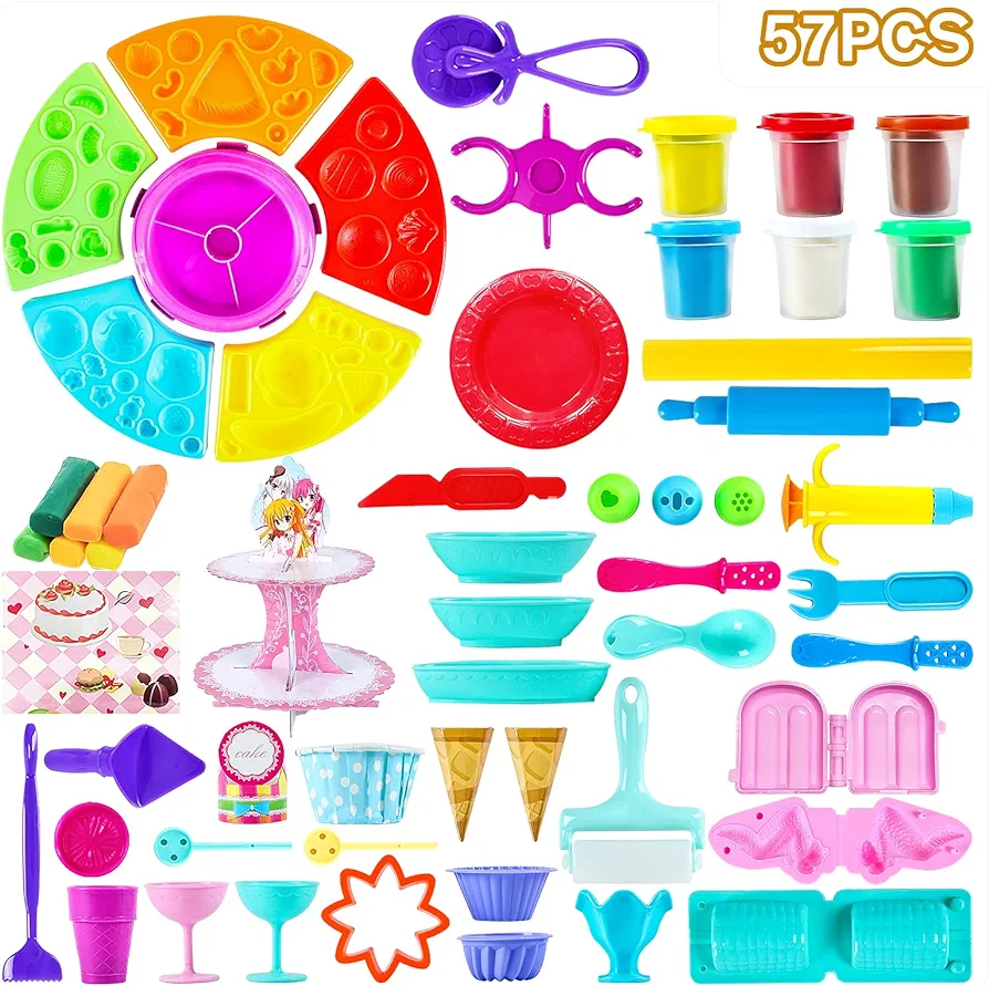 57PCS Play Color Dough Tools Sets Toys with 45 Accessories & 12PCS Clay Dough, Fun DIY Kitchen Food Making Arts Activities Kit,Christmas Birthday Gift for Kids Boys Girls Ages 3 4 5 6 7 8