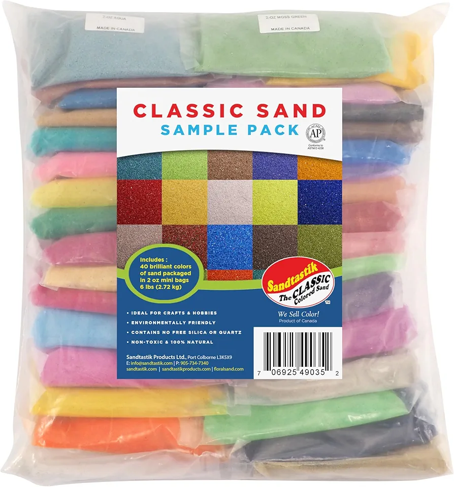 Sandtastik Classic Colored Sand Complete 45-Color Sample Set - Vibrant Rainbow Sand Assortment | Card-Making, Texturing Art, Model Scenery, Jewellry - 6 lbs of Soft, Sparkling Sand
