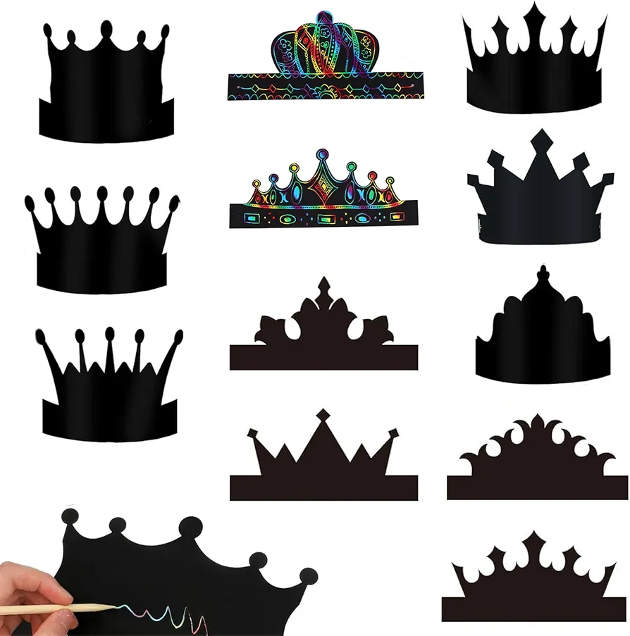 MoBunnly 12Pcs Rainbow Scratch Paper Craft Crowns Set, DIY Paper Princess Prince Crowns Birthday Crowns Headband Hats for Kids Boys Girls Party Favor