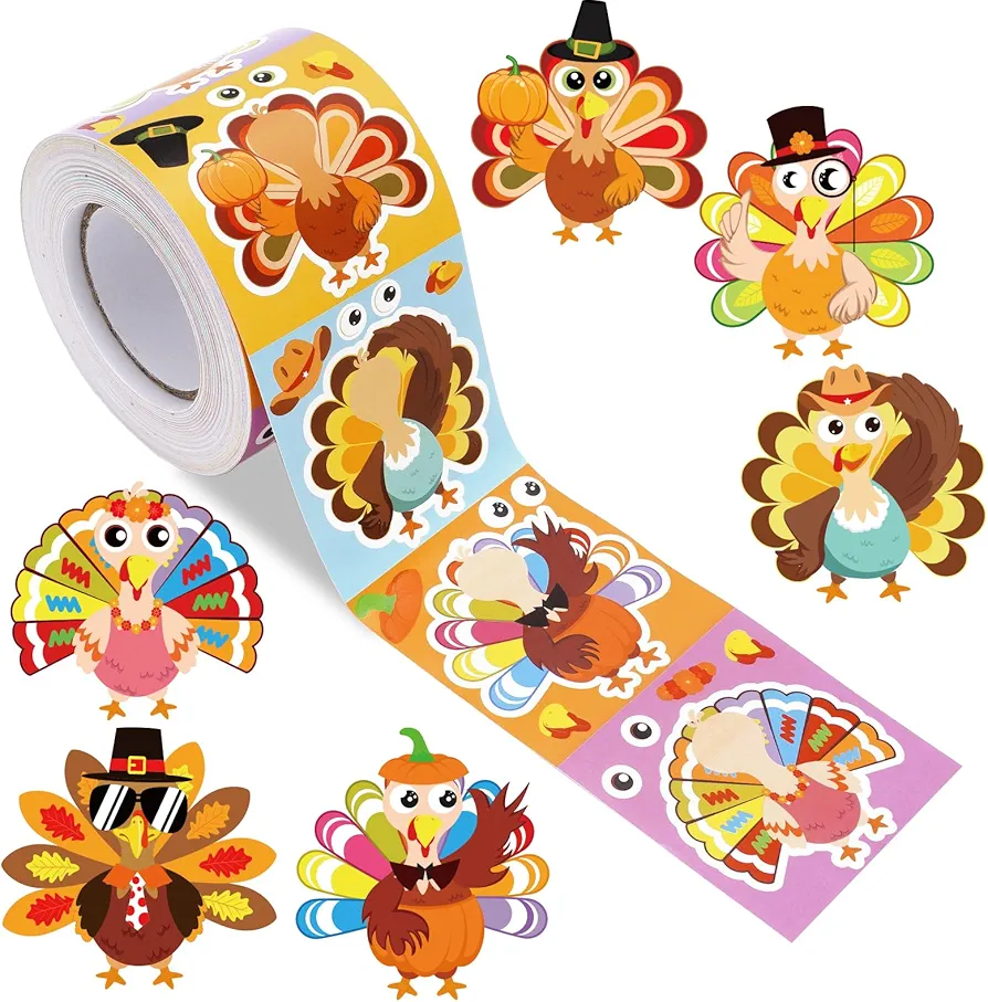 Whaline Thanksgiving Fall Make A Face Stickers Scene Roll Colorful Make A Turkey Stickers DIY Art Craft Decals for Fall Halloween Thanksgiving Party Games Classroom Supplies, 6 Design, 288Pcs