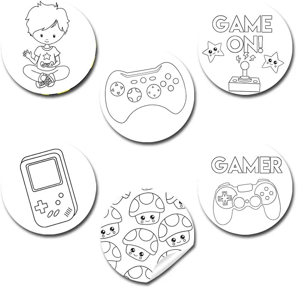 Color Your Own Game On! Video Game Themed Birthday Party Favor Sticker Labels, 90 1.5" Party Circle Stickers by AmandaCreation, for Arts & Crafts, Envelope Seals, Goodie Bags & Treats