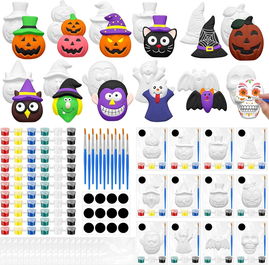 Leyndo 12 Set Halloween DIY Painting Kits with Unpainted Pumpkin Skull Bat Witch Hat for Classroom Activity Art Projects Halloween Gifts Party Decor
