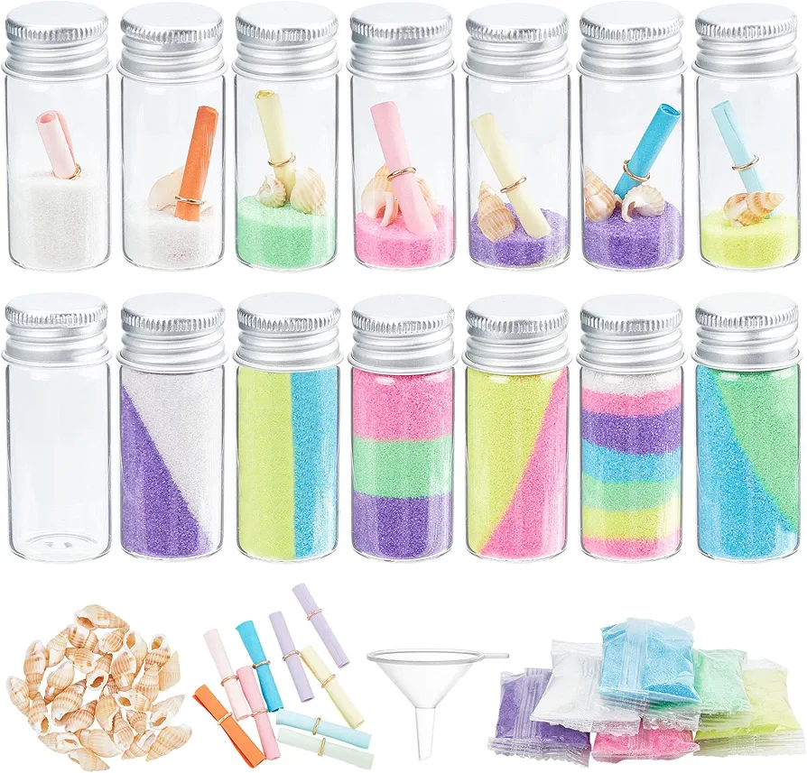 WEBEEDY 16 Set DIY Colored Sand Bottle Kit Sand Art Activity Kit for Teenager Create Your Own Sand Art DIY Sand Craft Set Included Wishing Bottles Colorful Sands Beach Sea Shells Message Paper