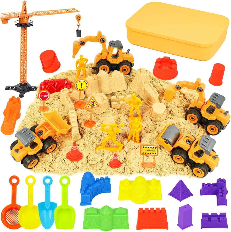 3 otters 32PCS Play Sand Construction Set, 2.2lbs Magnetic Sand, 4 Alloy Construction Vehicle Toys, 12 Sand Molds, 11 Construction Worker Models and Road Signs, 1 Storage Box, Toys for Kids Age 3-8