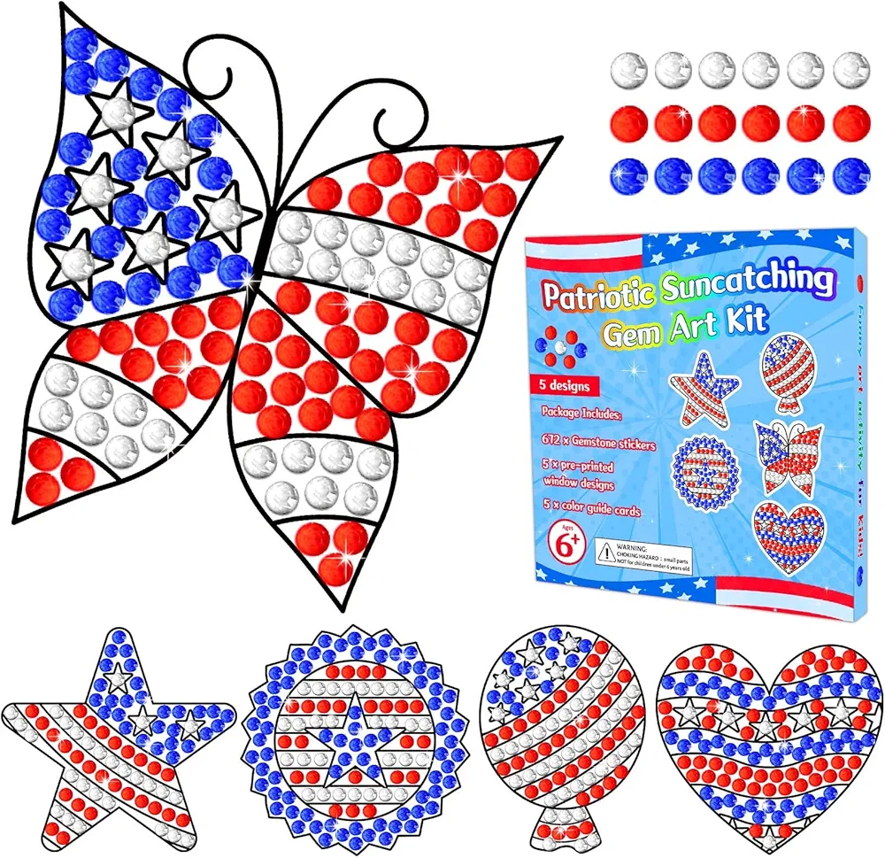 4th of July Arts and Crafts, Patriotic Art Crafts Suncatcher Kits for Children Teenagers Kids at 6-8, USA Flag DIY Diamond Painting Kits for Girls at 4 5 10 12