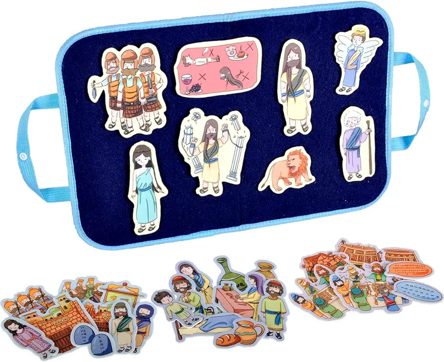 CHEFAN 4 Pack Felt Board Bible Stories Set, Flannel Board Stories Elijah and The Widow|Samson and Delilah|Joshua and The Battle of Jericho|Tower of Babel, Precut Flannel Graph Bible Toys for Kids