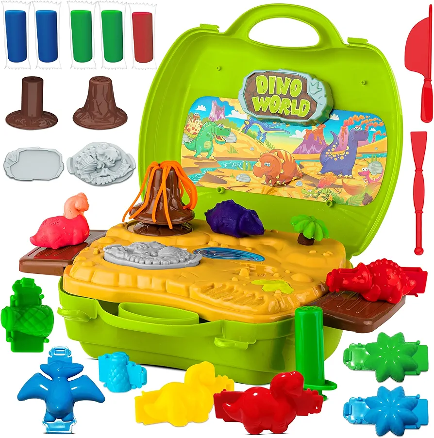 ToyVelt Clay Sets for Kids Ages 2-4 - Dinosaur Play Dough Set includes 30 Pack of Clay Dough, Dinosaur, Volcano, Fossil Molds, Tools and Storage Case