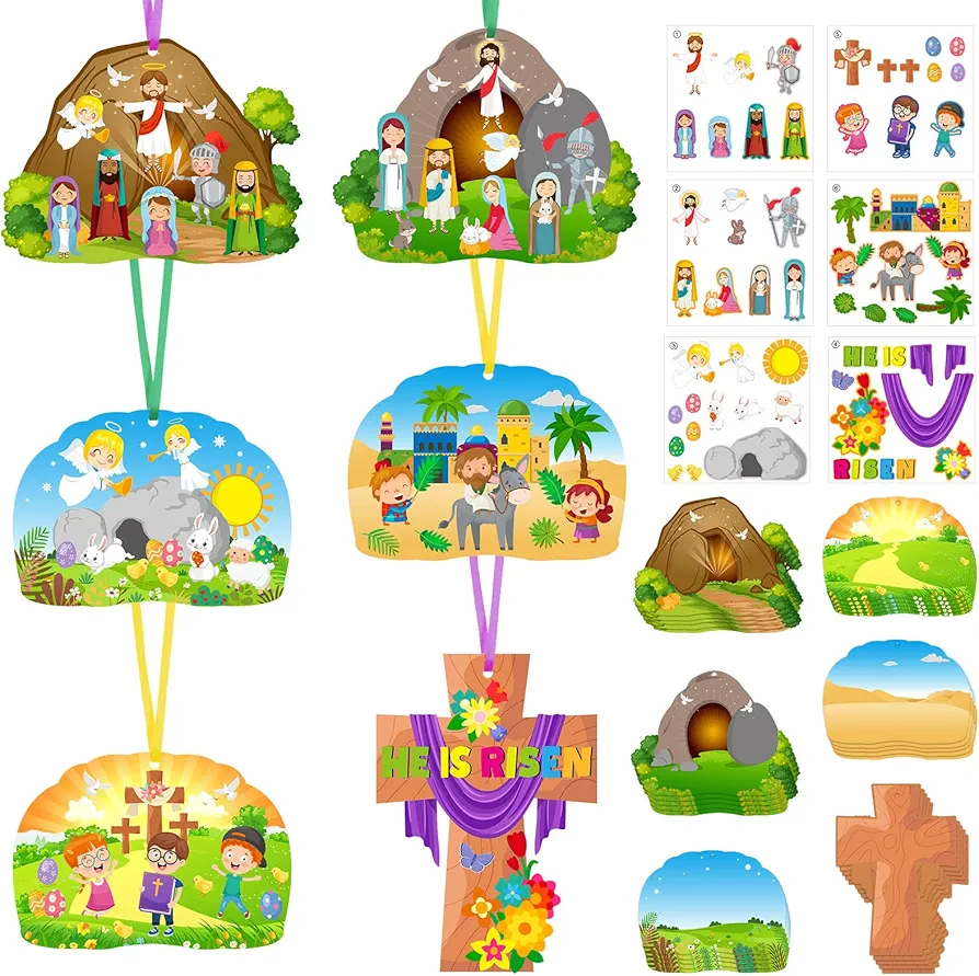Funrous Easter Scene Hanging Ornaments Craft Kit for Kids, 48 Pack Religious Cardboard DIY Ornaments, 6 Styles, Interactive Teaching Tool, Church Party Decorations
