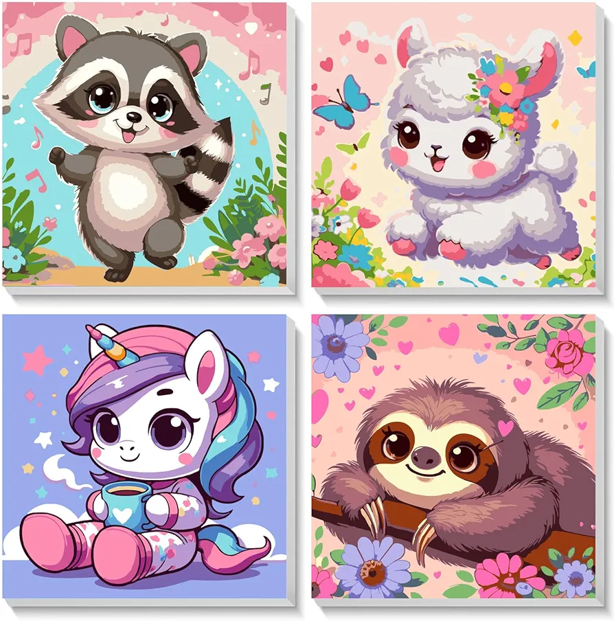 CraftyTime 4 Pack Framed Paint by Number for Kids Age 8-12 Kids, Cute Animals Paint by Numbers Kit for Beginners,Easy Acrylic Paint by Numbers Canvas Arts and Crafts for Wall Decor Gift 8x8in