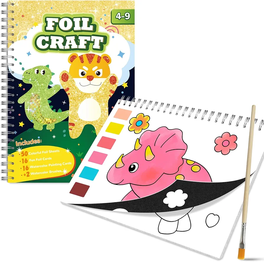 SOOVSY Foil Art Fun Kit for Kids, Foil Craft & Coloring Kit 2-in-1, Dinosaur & Animal DIY Craft Activity Kit, Creative Birthday Christmas Travel Toys Gift for Girl Boy Children 4 5 6 7 8 9 Years Old