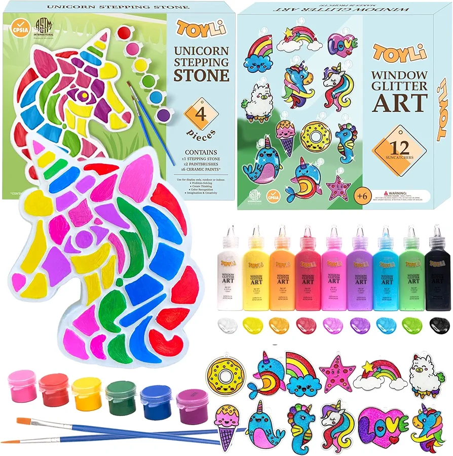 TOYLI Painting Kit Bundle Window Glitter Paint Art & Stepping Stone Unicorn DIY Kit