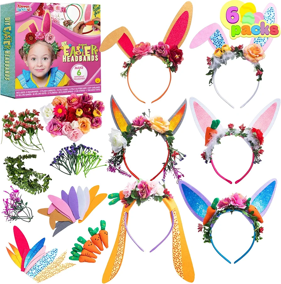 Klever Kits 6 Packs Easter Bunny Headbands Craft Kits Easter Rabbit Bunny Ears Flower Crown Headbands for Kids, Make Your Own Headband for Girls Easter Arts & Crafts Party Supplies, Easter Decorations
