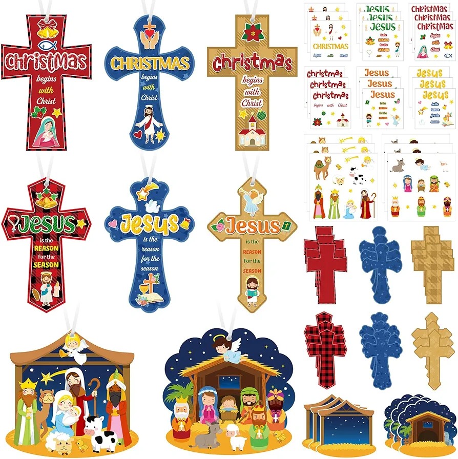 Civaner 24 Sets Easter Crosses Craft Kits DIY Christian Bible Cross Crafts He Lives Religious Nativity Scene Stickers Jesus Is The Reason Hanging Ornament for Home Classroom Activities Supplies