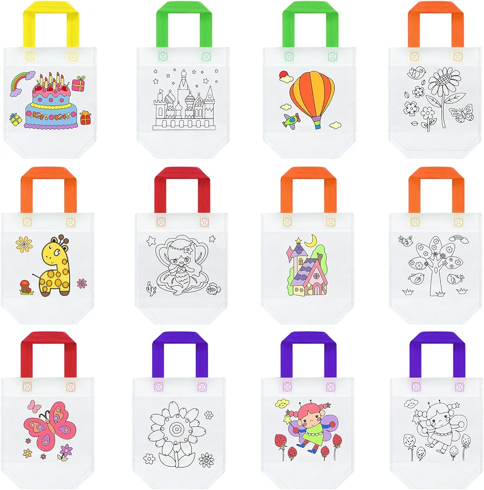 Liobelon 11 Pieces Coloring Gift Bags for Kids, Non Woven Coloring Goodie Bags, Cartoon Coloring Canvas Tote Bags for Birthday Supplies Gifts, Reusable Coloring Party Favor Bags for Diy Art Crafts