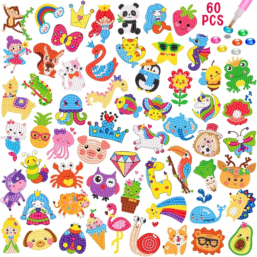 MEIEST 60 PCS Animals Diamond Art Painting Stickers Kits,Diamond Mosaic Stickers by Numbers Crafts Set for Kids,Creative Handmade Art Craft Gift