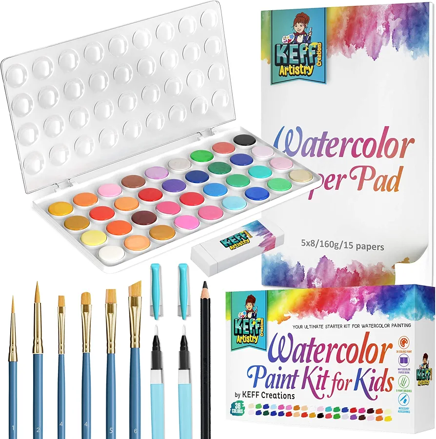 KEFF Watercolor Paint Set for Kids - 36 Water Colors Art Supplies Painting Kit with Brushes, Refillable Brush Color Pens, Paper Pad, Pencil and Eraser
