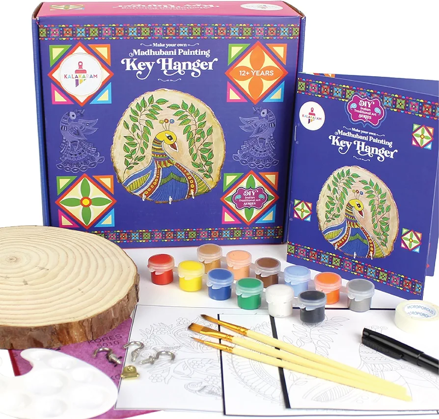 Kalakaram Make Your Own Madhubani Painting Key Hanger DIY Activity Box, Painting Set/Kit for Kids 12+ Year Old, Craft for Kids Learning and Creativity,Traditional Painting Kit