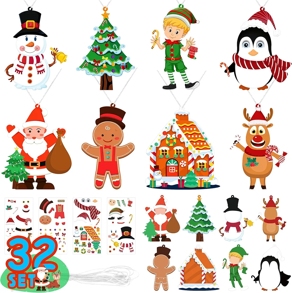 LINAYE Christmas Ornament Crafts for Kids Toddlers, 32 Set Christmas Make Your Own Ornament Craft Kit for Kids Christmas Goodie Bag Stuffers Game Activities for Kids Christmas Party Favor