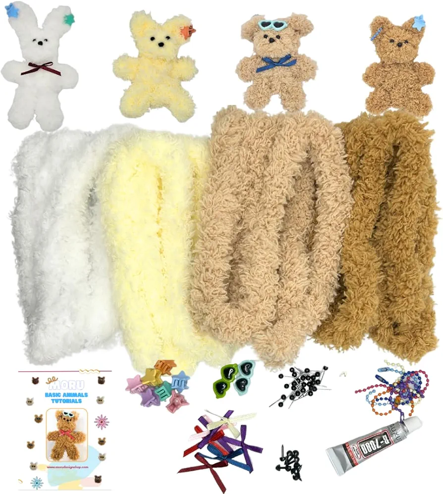 Moru Fur Pipe Cleaner Craft Kit #1, Soft, thick, long Teddy fur-wrapped stem wire for DIY art & craft. with decorative accessories (Eyes/Nose/Ribbons) &Tutorial. Great for a gift, craft class, party