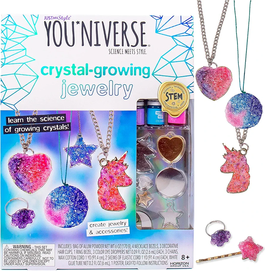Just My Style You*niverse Crystal Growing Accessories by Horizon Group USA, Girl STEM Kit, Design 8 Crystal Growing Accessories, Make Your Own Crystal Pendants, Sparkling Hair Pins, Ring & More, Pink