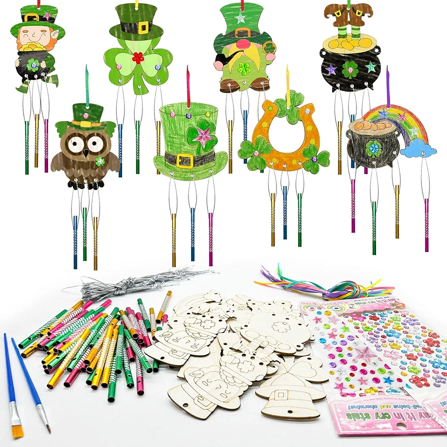 16 Pack Spring Activities for Kids，Paint Insect Party Favors Butterfly Craft Wind Chime Kit Wooden Paint Arts DIY Coloring Craft for Spring Summer Bugs Party Art Activity Supplies (St. Patricks)