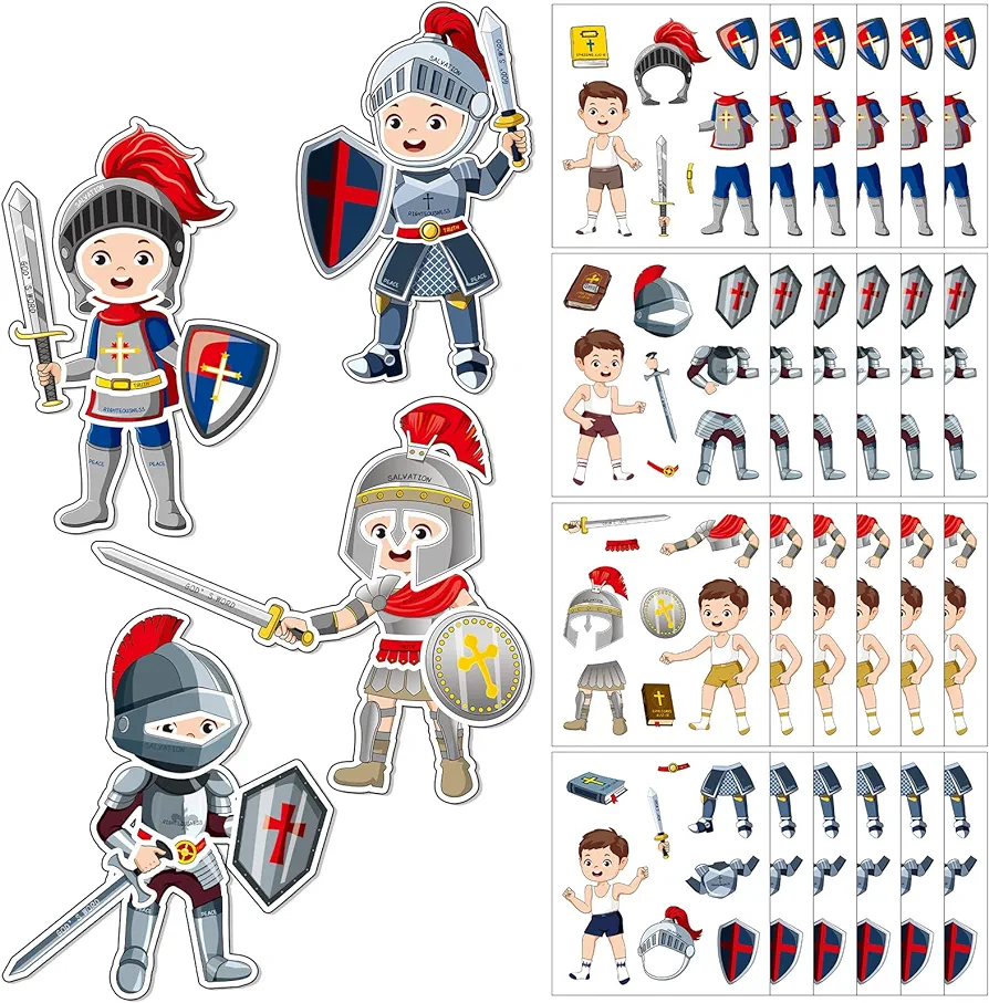 Tenceur 192 Pcs Armor of God Stickers Craft Kit for Kids Religious Bible Medieval Stickers Armor of God Decoration for Toddler Sunday School Christian Art Classroom DIY Bulletin Board Party Activities