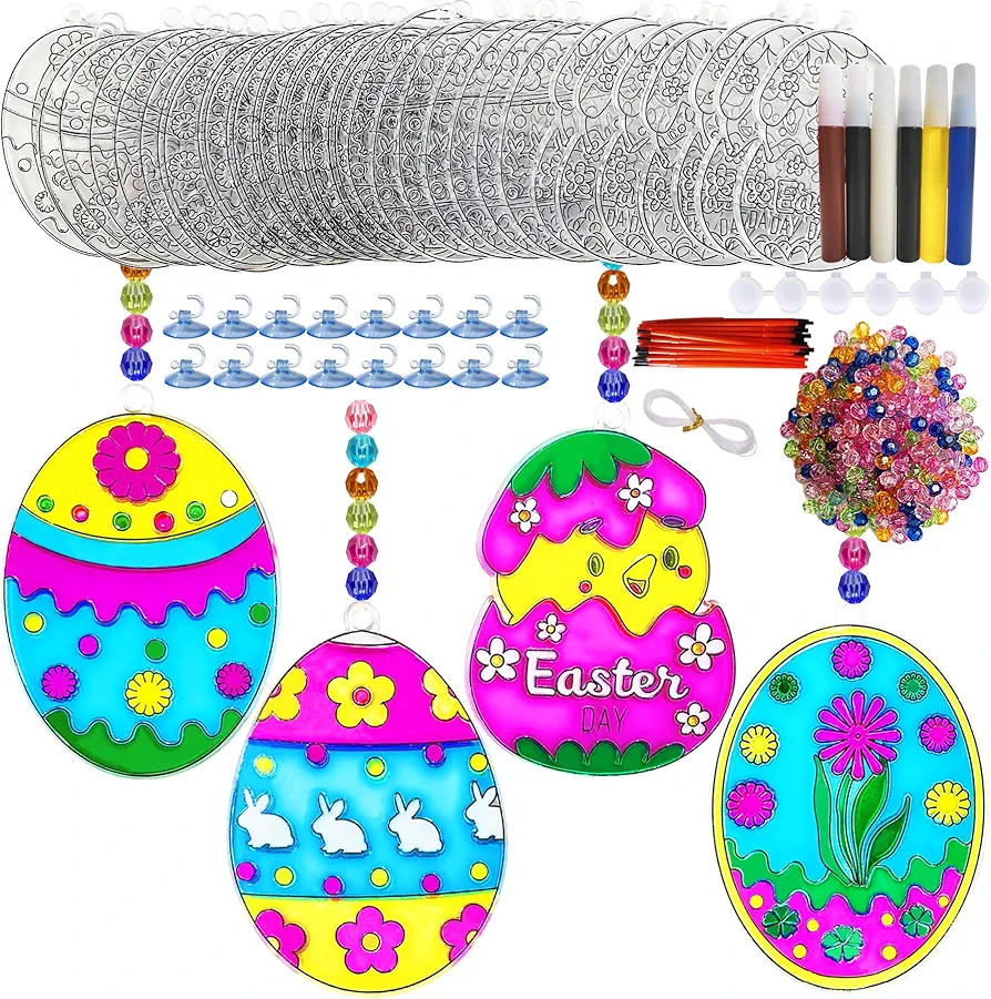 28 Sets Easter Egg Suncatchers Craft Kits Easter Sun Catcher Kits DIY Window Paint Art Rabbit Sun Catchers Making Kits for Classroom Art Craft Easter Spring Activity Basket Party Favors Gift Exchange