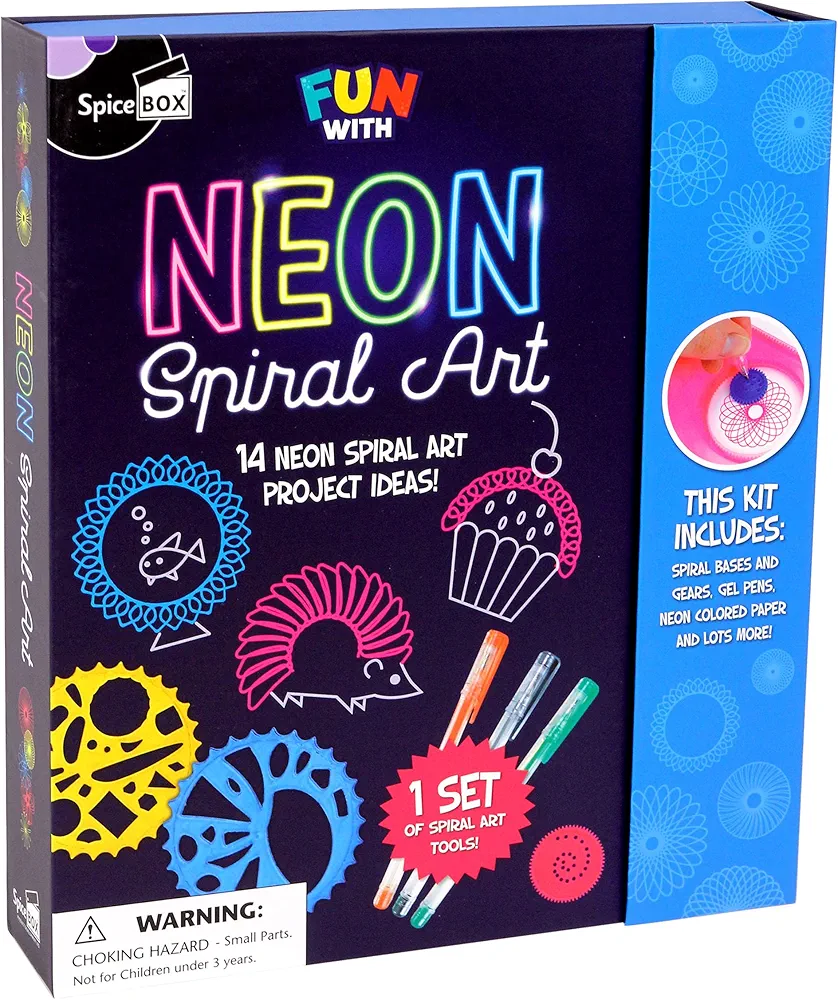 SpiceBox Spiral Art Drawing Kit for Kids, Neon Art Set, Stencil Draw Tools Children’s Creative Activities, 14 Twisted Projects, Step by Step Instruction, Age Range 8+
