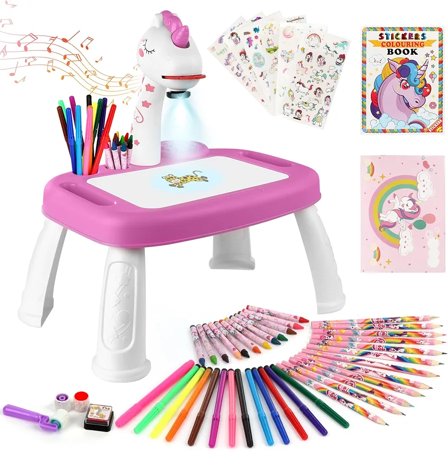 Unicorn Drawing Projector, Arts and Crafts for Girls, Contains Drawing Board with Music, Watercolor Pens, Pencils, Crayons, Scrapbook, Sticker Book, Unicorn Stickers, Stamps, Toys for Girls Age 3+