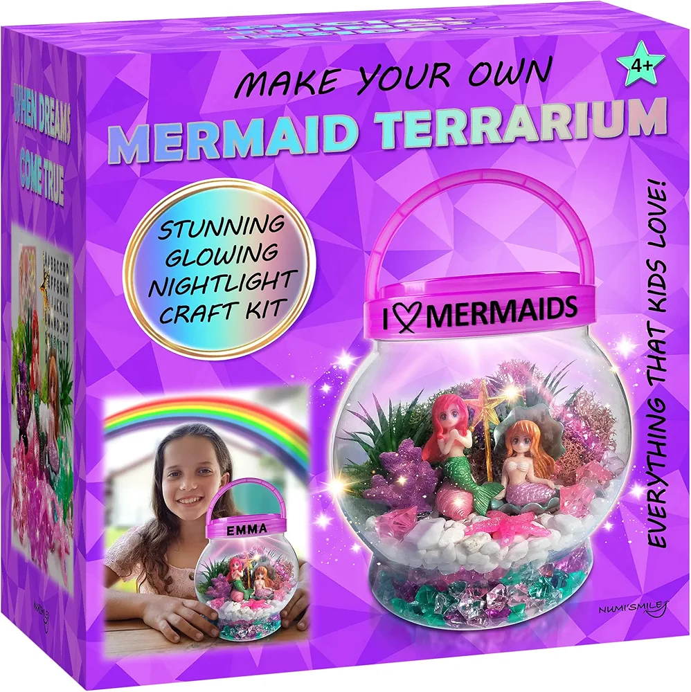Make Your Own Light-Up Mermaid Terrarium Kit for Kids, Mermaid Gifts for Girls Ages 4 5 6 7 8 9 10 Years and up, DIY Mini Garden Nightlight Project, Arts and Crafts for Kids, Mermaid Toys for Girls