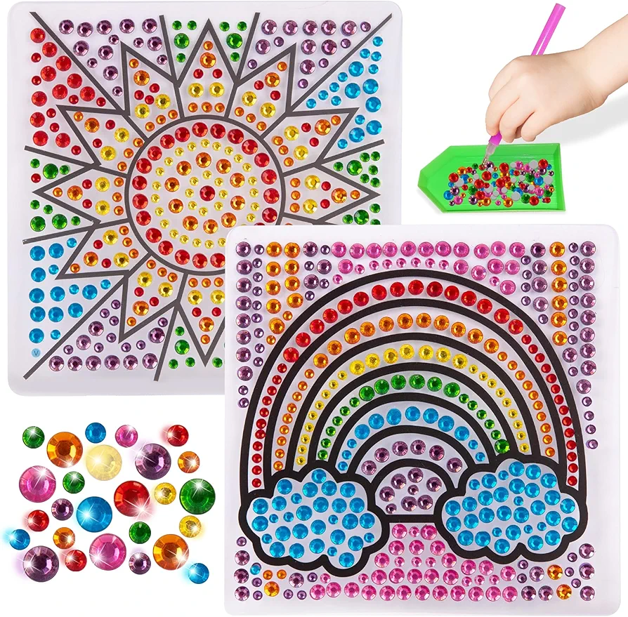 Window Art Suncatcher Kit for Kids - Suncatcher Craft Kit for Girls 6 7 - Window Art Craft for Kids Art Projects with Gems, Stylus Tools, Trays, Hanging Tape, and More - Birthday Crafts for Toddlers
