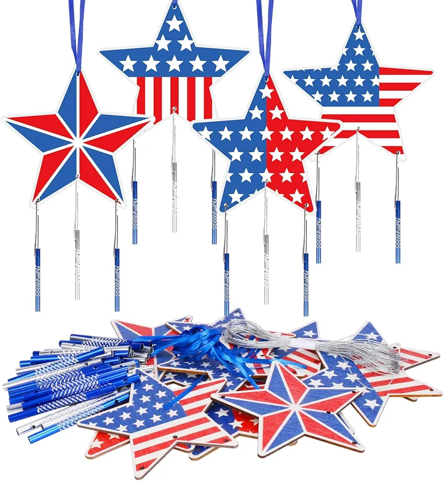 12 Pack Star Wind Chime Kit for Kids Make You Own Patriotic Star Wind Chimes DIY Colorful 4th of July Craft for USA Independence Day Ornaments 4th of July Art Activity