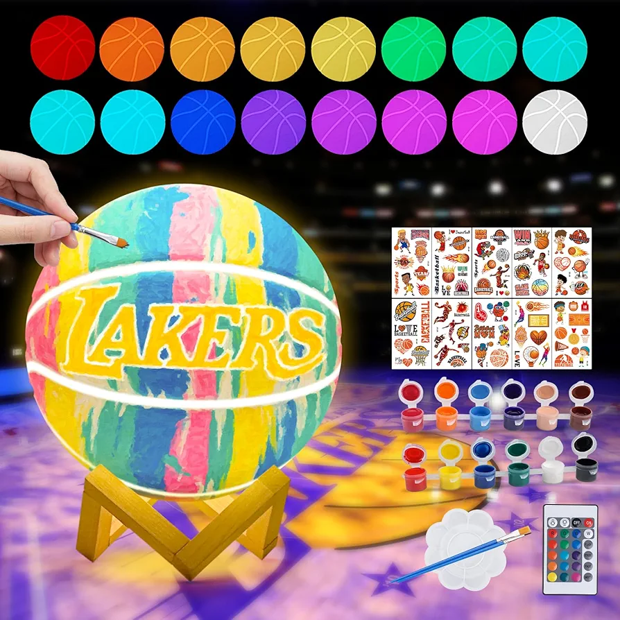 Paint Your Own Basketball Lamp Kits,16 Colors Rechargeable DIY 3D Basketball Night Light Arts and Crafts Kit, Art Supplies Birthday Gifts for Kids Girls Boys Teens Ages 5 6 7 8 9 10 11 12(16 color)