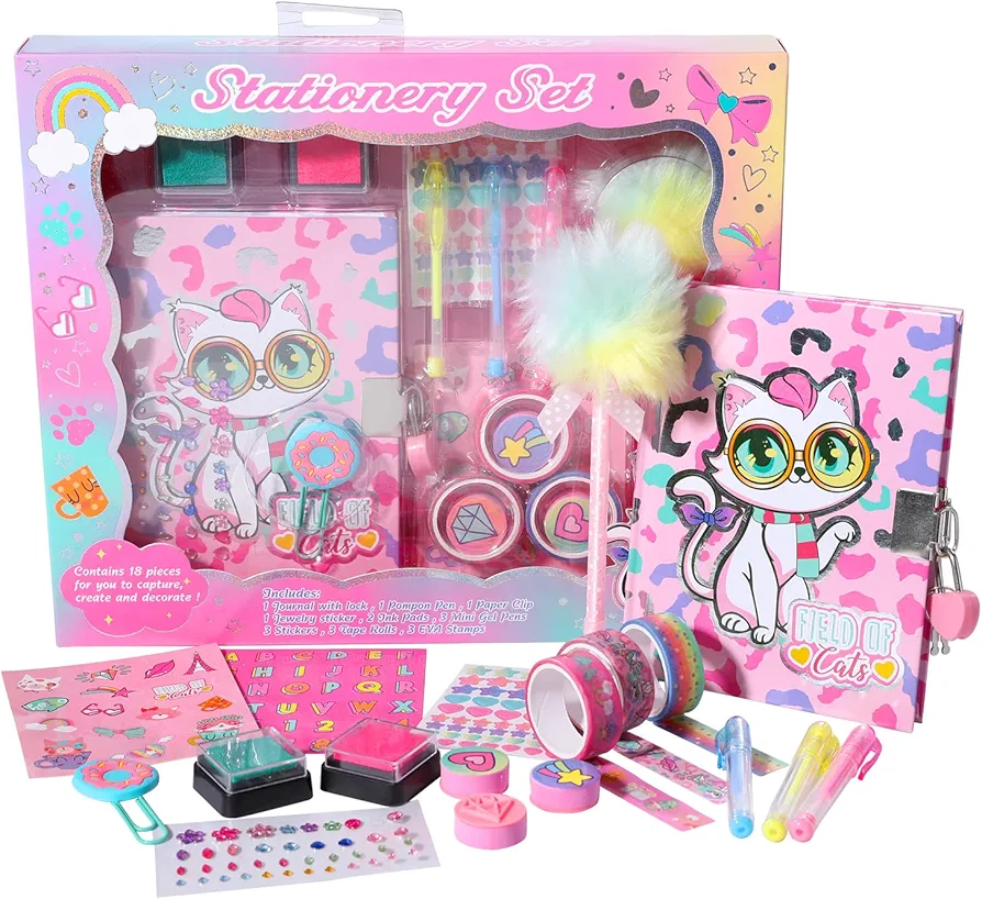 Cat Diary for Girls with Lock and Keys, Cat Stationery Set with Diary, Stamps, Stickers, Pens, Unicorn Journal Notebook Back to School Birthday Gift for Girls Kids Ages 4-12