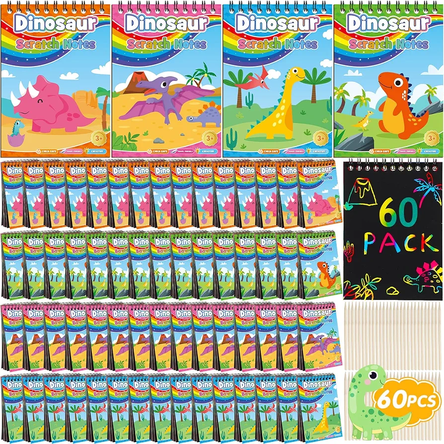 Motipuns 60 Pack Scratch Notebooks for Kids Party Favors Scratch Paper Art Rainbow Dinosaur Scratch Note Pads for Students Back to School Gifts Birthday School Classroom Prizes DIY Crafts