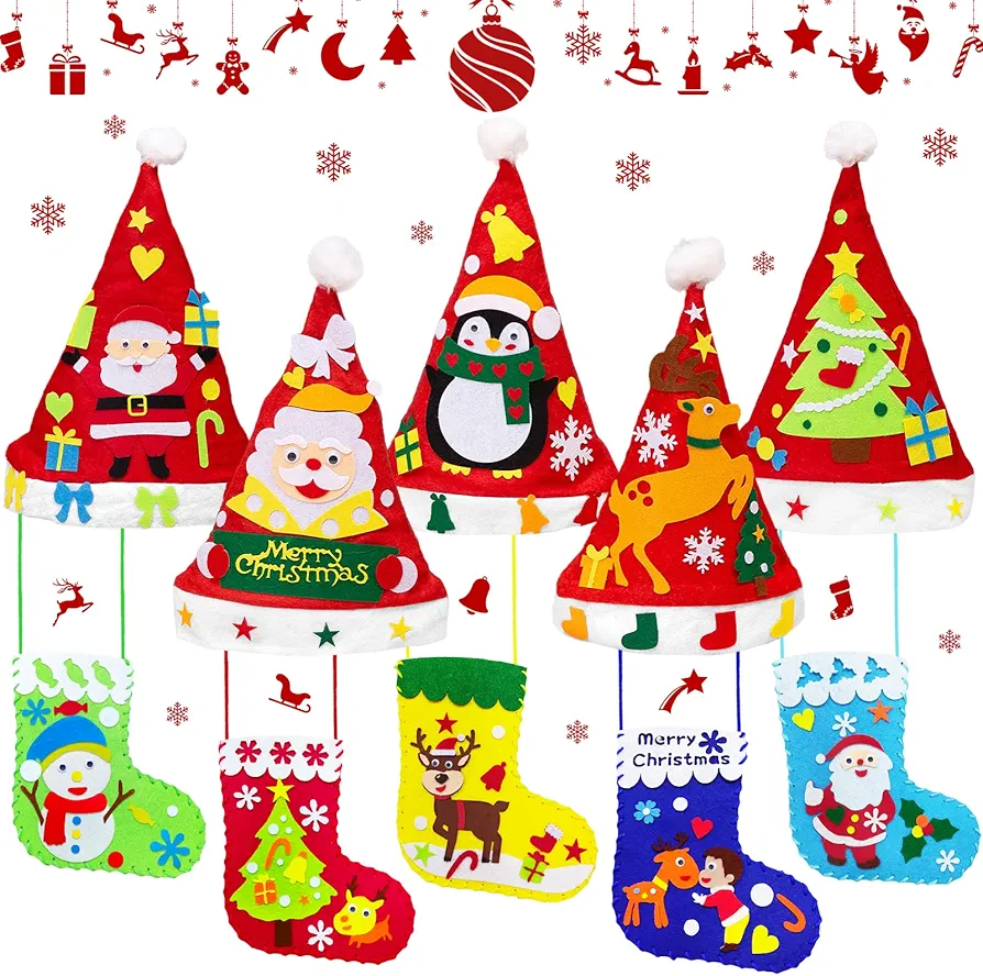 GLAHORSE 10PCS Santa Sewing Sock Kit with Christmas Felt DIY Handmade Christmas hat Merry Christmas Decorations, Christmas Party Handmade DIY Craft Supplies can Hold Candy Snacks Bag