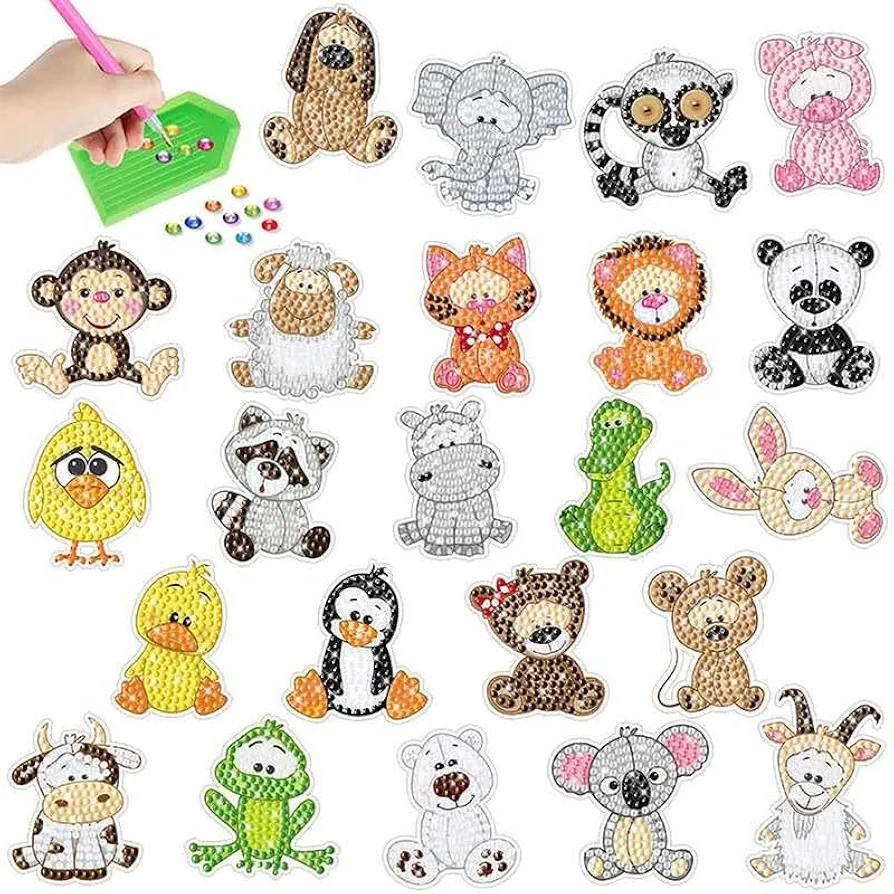 MEGZIHXN Cute Diamond Art Stickers Kits for Kids,Animal Lion Elephant Angry Birds Duck Monkey Penguin Panda Dog Raccoon Diamond Craft Arts Set - Best Gifts for Children Or Adult Beginners