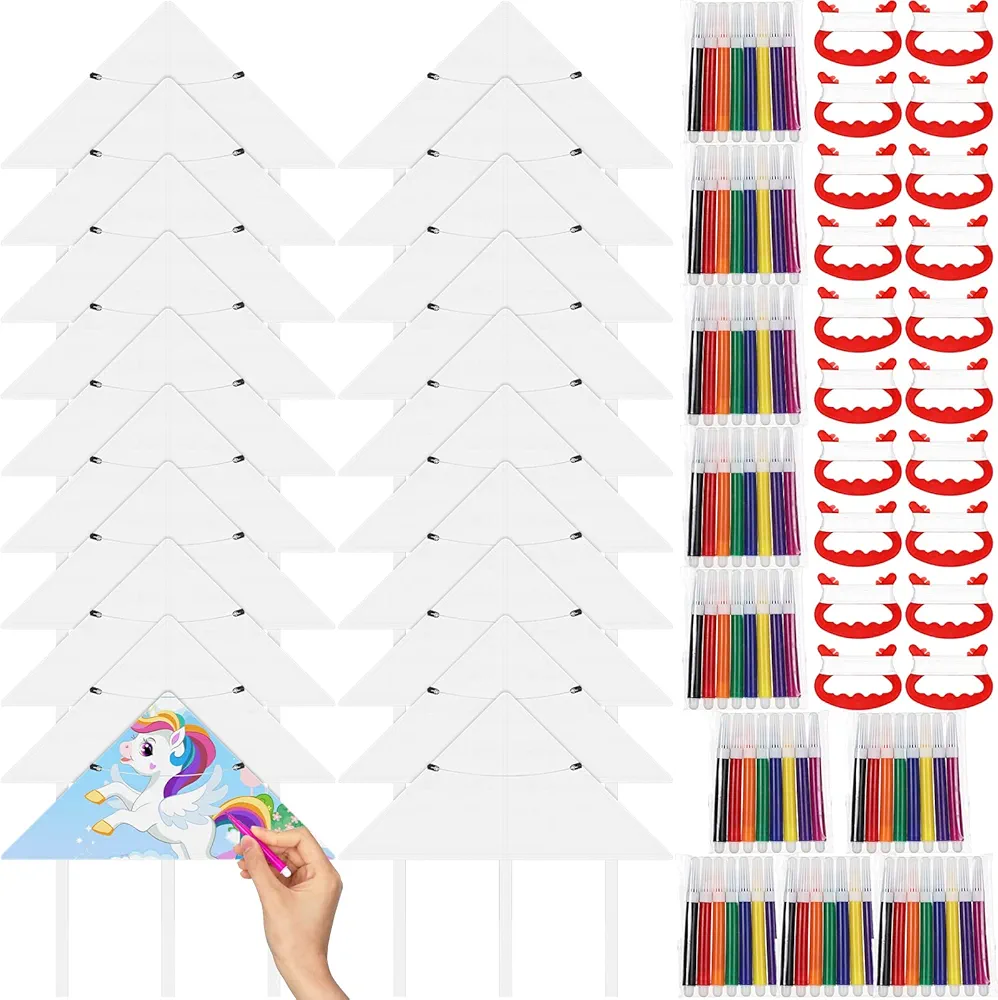 20 Pieces DIY Blank Kite with Watercolor Pens and Kite String Kite 20 Inch Kids Kite Making Craft Kits Decorating Coloring Kite Party Pack for Boys Girls Outdoor Games and Activities