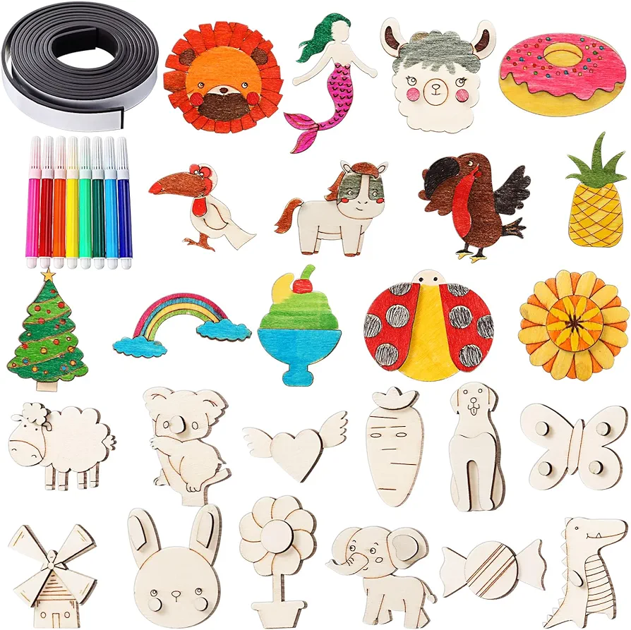 Barydat 100 Pcs Wooden Magnets DIY Wooden Arts and Crafts for Kids Craft and Art Painting Kit Supplies Party Birthday Gift Party Favors for Easter Basket Stuffers Boys Kids Girls