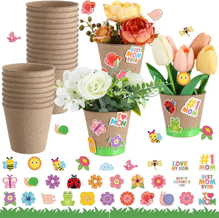 Resurhang 80 Pack Mothers Day Crafts for Kids Bulk Spring Crafts Garden Paper Pot Kits with Sticker DIY Your Own Flower Pot Planting Growing Kit for Classroom School Home Art Gift