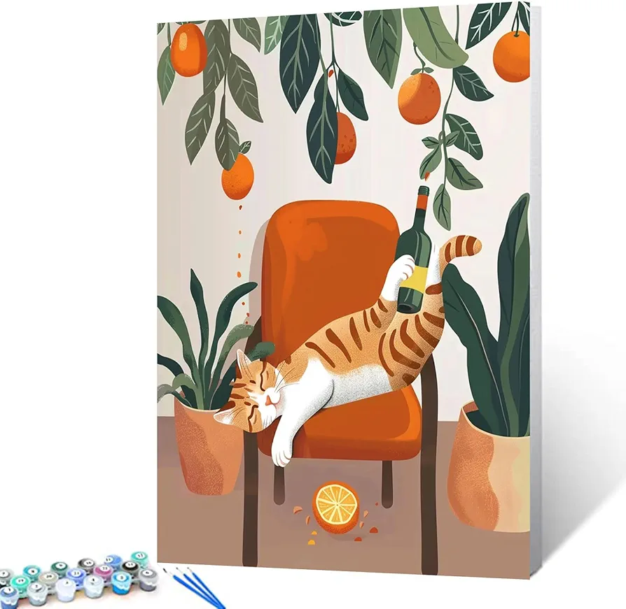 Cute Animal Cat DIY Paint by Numbers for Adults Beginner Kids Boho Orange Trees Oil Painting Kit on Canvas with Brushes Acrylic Home Pets Arts Craft Home Decor Wildlife Gift 16x20 Inch（DIY Frame )